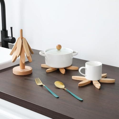 Bamboo Wood Coaster Set 3 Pcs with Tree Holder 9.5cm for Cups and Pots