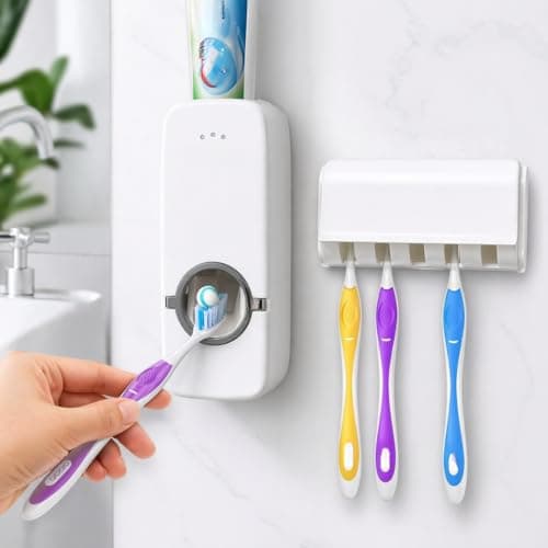 Toothpaste Dispenser Hands Free Squeezer With 5 Toothbrush Holder Wall Mount Bathroom Organizer Hygienic Toothpaste Holder For Family Use Easy Install Toothpaste Press