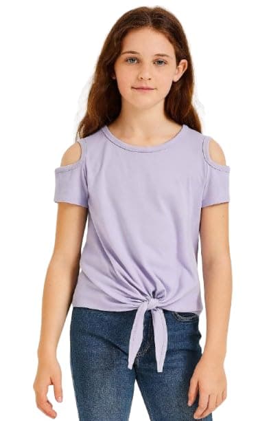Ajyal Girls Cold Shoulder T-Shirt with Front Tie Detail, Casual Summer Top