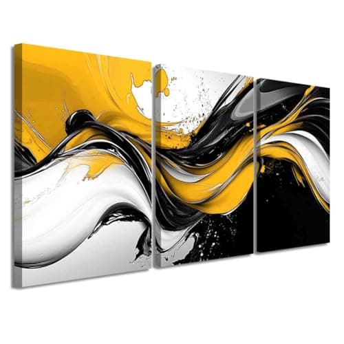LZIMU 3 Pieces Abstract Wall Art Black White Picture Prints Graffiti Splash Ink Canvas Painting Modern Neutral Aesthetic Artwork Office Living Room Bathroom Decor (Yellow, (12x16inchx3 Pieces))