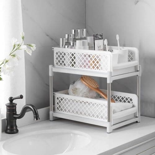 Under Sink Organizer Adjustable Plastic Shelves Metal Posts Storage Rack
