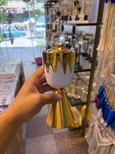 Generic Decorative Incense Burner, Gold and White, Chalice Style, Crystal Ball Finial, Charcoal or Electric Use