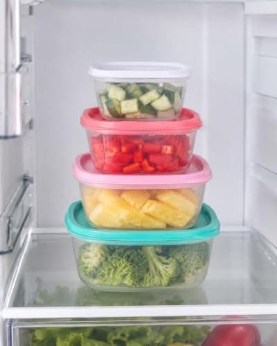 Clear Plastic Food Storage Containers with Colorful Lids Set of 4 | Stackable for Refrigerator, Multiple Sizes, Fruits and Vegetables, Airtight Caps