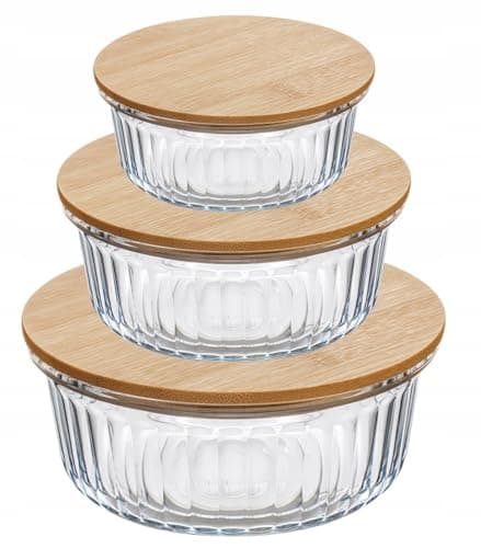 Generic Round Ribbed Glass Food Storage Containers with Lids, Airtight Silicone Seal, 3 Different Sizes, Set of 3, .kit