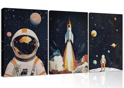 3Pcs Space Astronaut Wall art Galaxy Boys Nursery Kids Wall Decor Framed | Cute Space Astronaut Canvas Nursery Galaxy Posters Modern Space Rocket Print for Adventure Kids Bedroom Toddler Boy Room