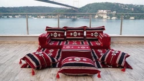 Sahara Sinawi Floor Seating Set - 2m x 60cm x 13cm - 6 Cushions, Square Pouf, Luxurious Traditional Floor Seating for Relaxation & Entertaining - Authentic Egyptian Style Furniture