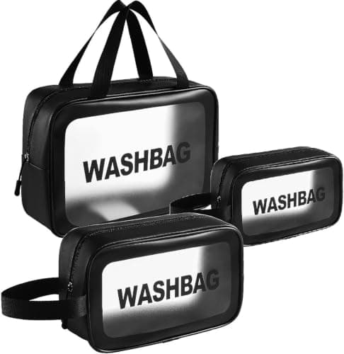 3-Piece Transparent Waterproof Travel Makeup Bag Set with Leather Trim Cosmetic case