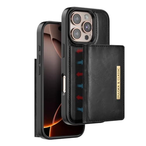 PULOKA for iPhone 16 Promax Leather with 5 in 1 Detachable Magnetic Wallet Wireless Charging Case (Black) Cellular phone case