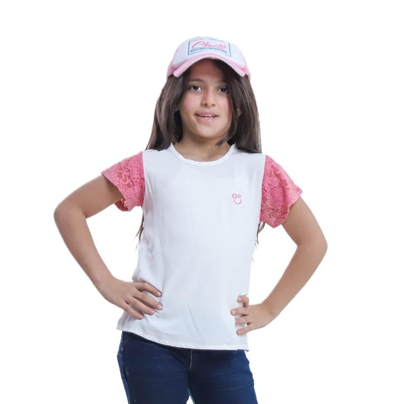 BEBO Girl's Plain T-shirt with laced sleeves White Size: 4Y (White, 5Y)