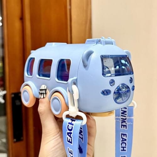 500ml Cartoon Bus Shape Water Bottle for Kids with Strap, Portable Drinking Bottle with Silicone Straw for School Home Travel Cute Durable