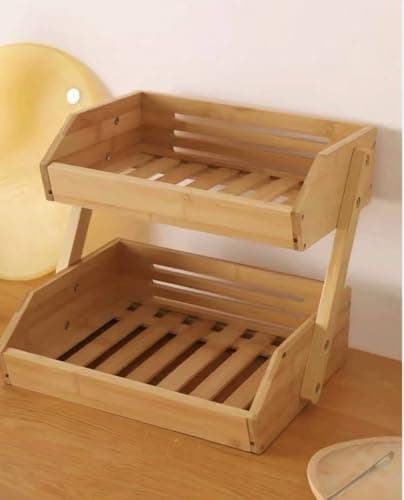 Generic 2-Tier Fruit and Vegetable Stand, Wooden Countertop Organiser Rack for Kitchen Storage, .rom