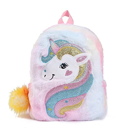 Cute Plush Unicorn Backpack,Fluffy Mini Unicorn Backpack Bags for Girls Female Travel Plush Soft Rainbow Schoolbag, Colourful