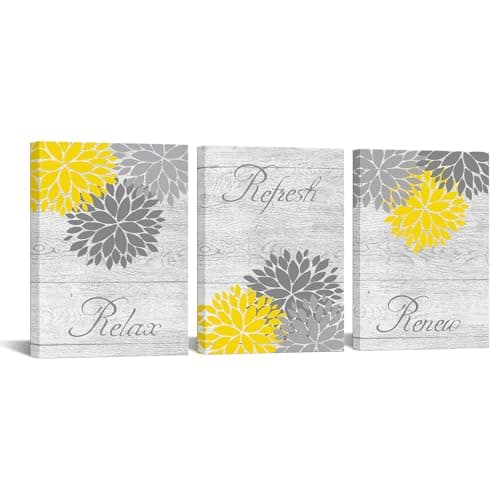 Zlove ZingArts 3 Pieces Yellow Gray Bathroom Wall Art Prints Dahlia Flowers Relax Refresh Renew Signs on Rustic Wood Background Stretched and Framed For Bedroom Living Room Ready To Hang 12"x16"x3pcs