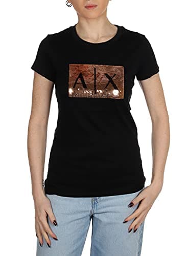Armani Exchange Women's Basic T-Shirt with Logo on Bust, Black With Gold, XL