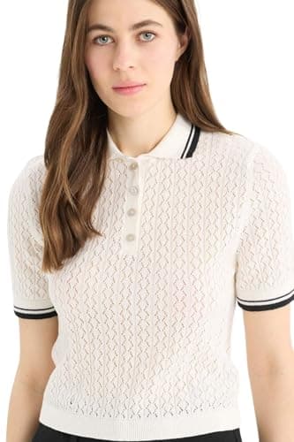 DeFacto Woman Casual Regular Fit Polo Neck Short Sleeve Tricot Pullover,Ecru M