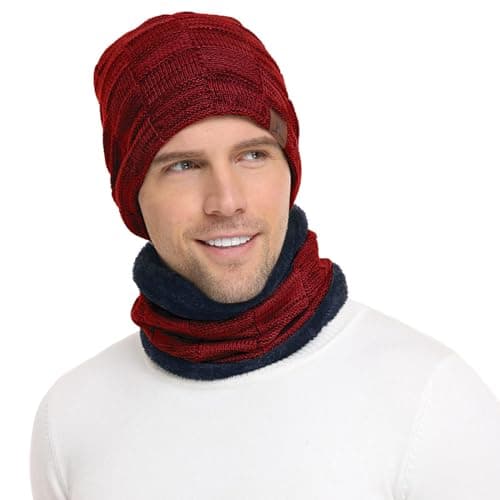 Bequemer Laden Winter Warm Hat Beanie Scarf Set Wool Knitted Hat Winter Hat and Loop Scarf with Thick Fleece Lining for Men and Women, gray, One Size Apparel