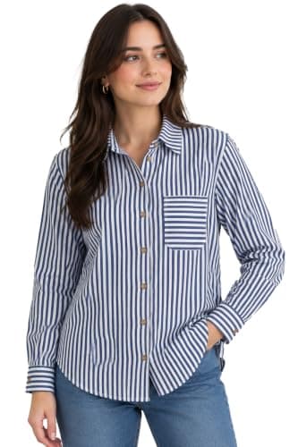 Women's Striped Viscose Sunset Full Sleeve Blouse | White Gold Stripe Design, Long Sleeve, Front Pocket, Wooden Buttons, Soft Viscose Fabric