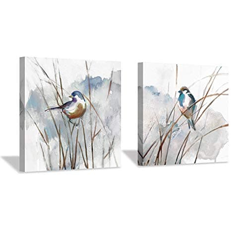 Hardy Gallery Abstract Picture Bird Wall Art: Animal Birds on Reed Watercolor Artwork Painting on Canvas for Bedroom (12” x 12” x 2 Panels)