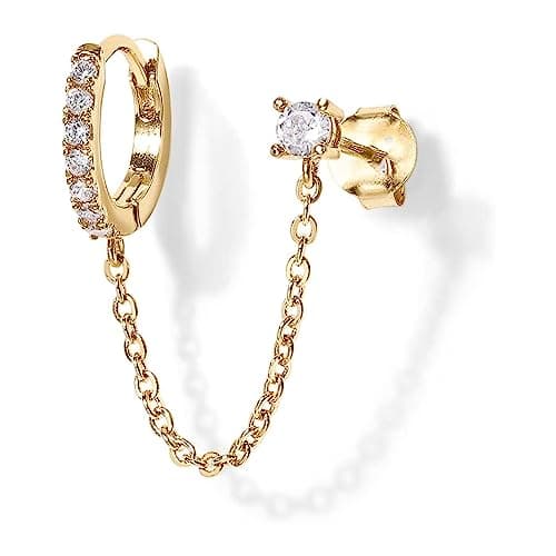 Cubic Zirconia Stud 18K Gold Plated Piercing Huggie Earrings Dainty 1 Piece Hoop Earrings Chain for Women Teen Girls Double Piercing Earrings Two Holes By Julia Store