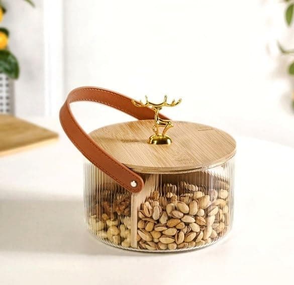 Generic Glass Serving Basket for Nuts and Sweets, Ribbed Glass with Compartments, Wooden Lid, Leather Strap, Gold Deer Handle, .A2