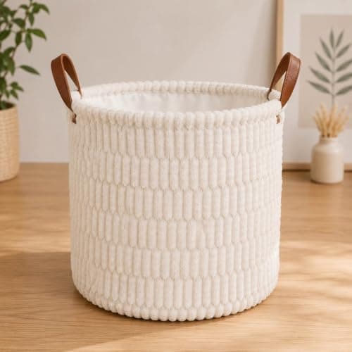 Elegant Plush Storage Basket with Lined Interior and Durable Leather Handles for Home Organization Clothes and Versatile Household Items Storage