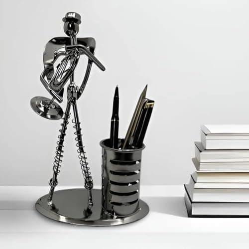 Generic Metal Musician Figurine Pen Stand, French Horn Player Design, Desk Organiser for Office, Study Table or Home Decor Caddy