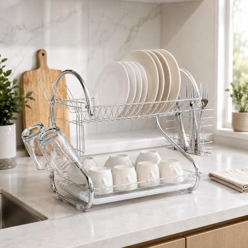 Practical 2 Tier Stainless Steel Dish Drying Rack with Drain Tray Cutlery Holder Kitchen Counter Dish Rack Large Capacity Plate Bowl Cup Organizer Rust Resistant Tableware Storage Stand Home Use