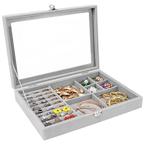 Casiwaft Velvet Jewellery Tray with Lid & Lock for Necklace, Ring, Earring, Bracelet, Watch; 5-in-1 Stackable Jewellery Box Display Case with Glass Lid Jewelry storage