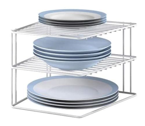 EverEx Mild Steel Kitchen Plate Dish Corner Shelf Rack Stand Shelves Holder Storage Organizer for Tray Pan Pot Utensils, 3-Tier, Medium, White-Alloy steel