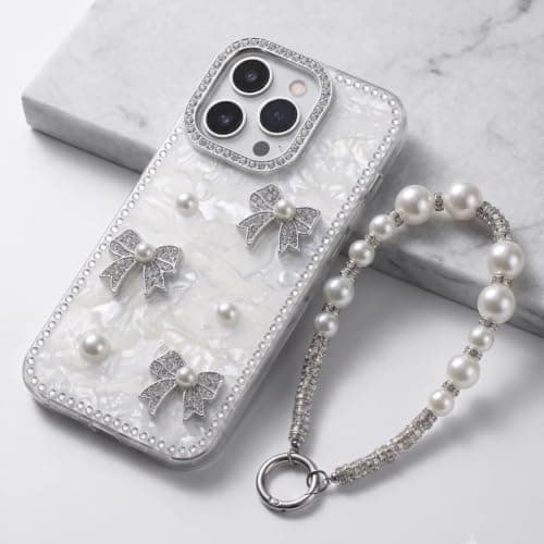Marble Case Compatible With iPhone 14 with Rhinestone Frame - White Cellular phone case