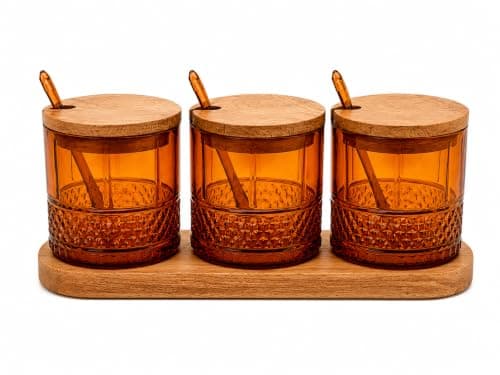 Wellini 3-Piece Acrylic Kitchen Storage Jar Set with Bamboo Lids & Tray - Airtight, BPA-Free, Includes Matching Spoons Used for Sugar, Coffee, Tea & Spices (Amber Orange)
