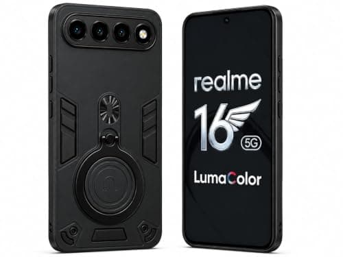 Case Compatible with REALME 16 5G Dual Layer Protective Shockproof Hard Armor Cover 360° Rotating Finger Ring Kickstand and Car Magnetic Mount, Black Cellular phone case