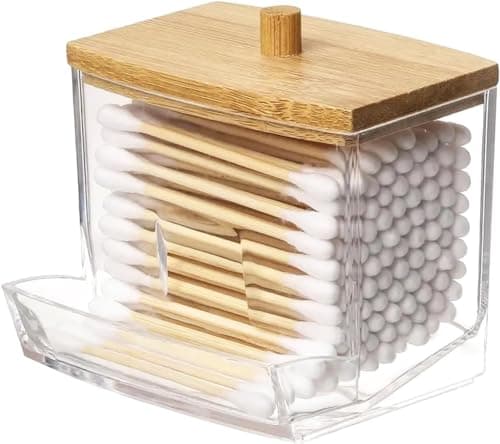 XINCHENG Cotton Bud Holder, Q-tip Dispenser for Bathroom Vanity Cotton Swabs, Cotton Swab Dispenser with Bamboo Lids, Makeup Organizer Box for Cotton Buds and Cosmetics Item container