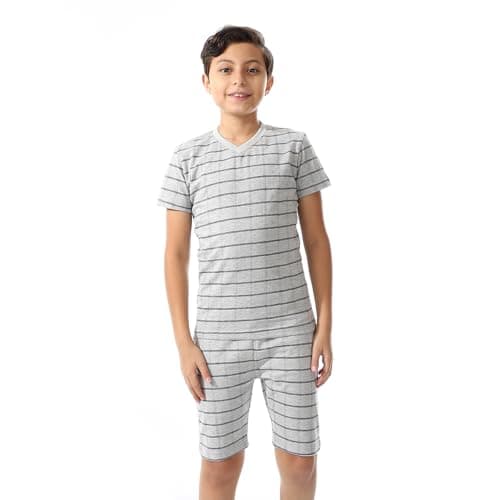 Andora Checkered Boys Short Sleeves Pajama Set-Light Grey & Navy Blue-4