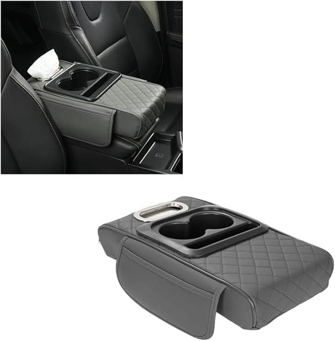 AGA Multifunctional Center Console Cover with Comfortable Cushion, Cup Holder and Side Pockets Armrest Support (With Tissue Box, Grey)