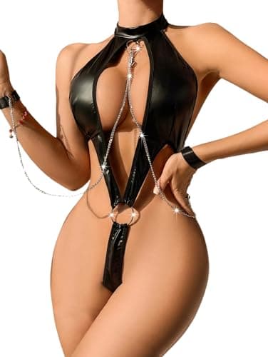 NF22-1091 Metallic Leather Halter Cut Out Lingerie Bodysuit with Metal Chains and Wrist Ties Underwear
