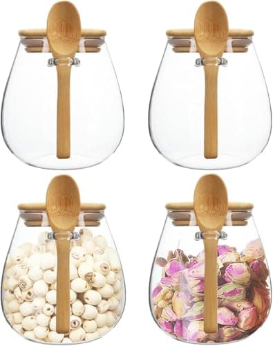 900ml Glass Storage Jar with Natural Wooden Lid and Integrated Wooden Spoon for Kitchen Organization of Coffee Tea Beans and Grains