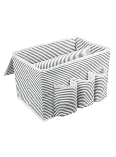 Generic Fabric Divided Storage Box with Front Organiser, 3 Pockets for Remotes and Glasses, 35x22 cm, Grey Striped, .qu