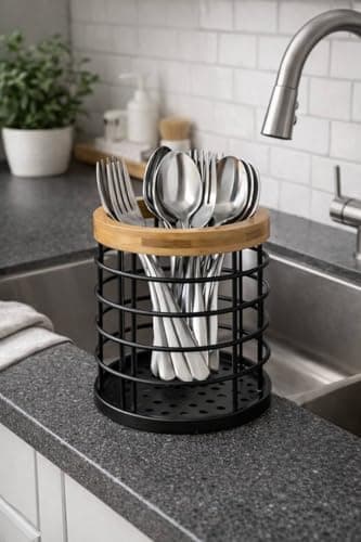 Generic Metal Cutlery Holder with Bamboo Top, Black Wire Caddy for Forks and Spoons, Perforated Drainage Base