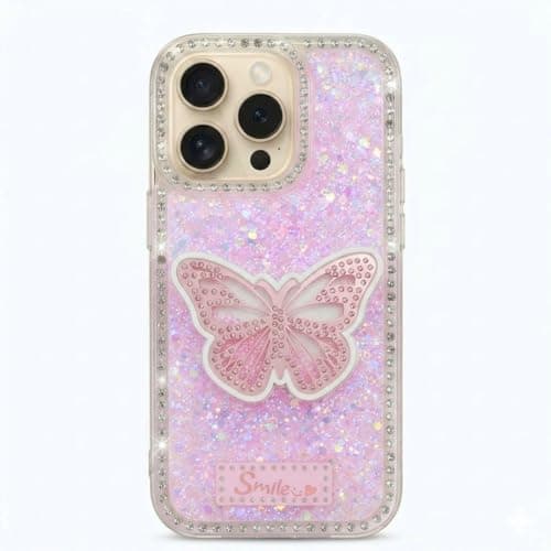Butterfly Crystal For (iphone 12 Pro Max) Protective Case Glittery Back Cover Rhinestone Frame For Girls Shockproof Protection For Girls (Pink) Cellular phone case