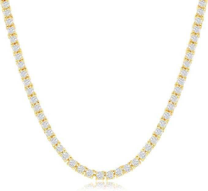 18K Yellow and White Gold Tennis Chain | USHOP Round Tennis Necklace White and Yellow Gold Plated Cubic Zirconia Tennis Necklace for Women Men