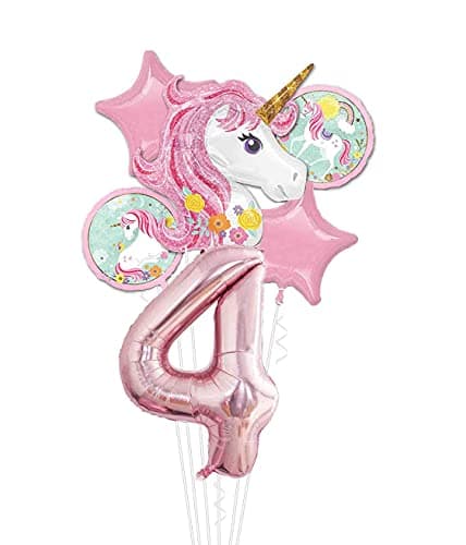PARTY TIME - Pink Unicorn 4th Birthday Decorations Set - Pack of 6 I Rose Gold Number 4 Foil Balloon 40" I Star and Round Balloons I Unicorn Shape Theme Balloons I Unicorn Decorations Party Supplies