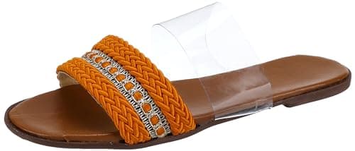 SOUL 2 SOLE Flat slippers with a criss-cross thin embroidery strap and a transparent strap,Camel, 37 EU Sandal