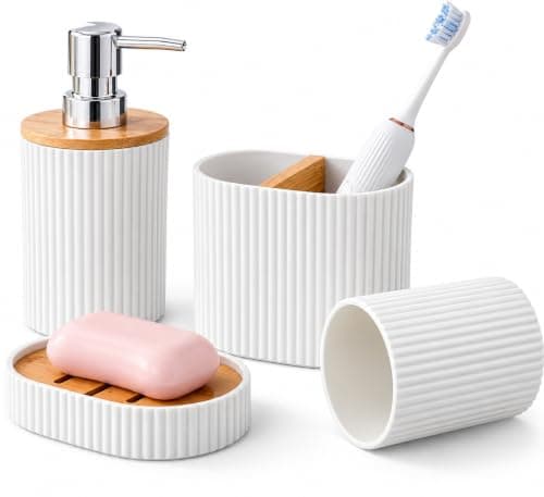 4 Piece Reinforced Plastic Wooden Bathroom Organizer and Prep Daily Essentials and Practical Bathroom Accessories Set - AM, White