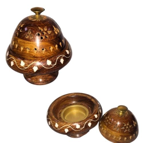 Handmade Sheesham Wood Incense Burner with Brass Knob, 9x11 cm | Natural Shell Inlay, Charcoal Operated, Glossy Finish, Carved Dome Lid, Indian Craftsmanship