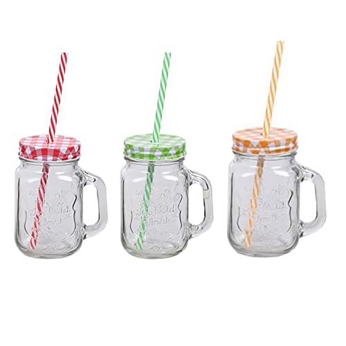 Kosh Mason Glass Jar with Lid and Straw Multicolour Mugs with Handle, Regular Mouth, Colorful Lids with Reusable Straw Beverages Glass Air Tight Frosty Jar with Handle Mason Mug (Pack of 3) Drinking cup