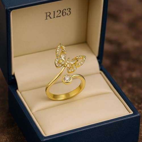 3 Diamonds 292474661779672 Gold-Plated Butterfly Ring – Elegant Open Design With Zircon Stones For Women-1