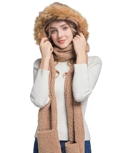 Winter Faux Fur Fuzzy Trim Sherpa Hooded Scarf Cute 3-in-1 Scarf Hat Gloves Set for Women Apparel