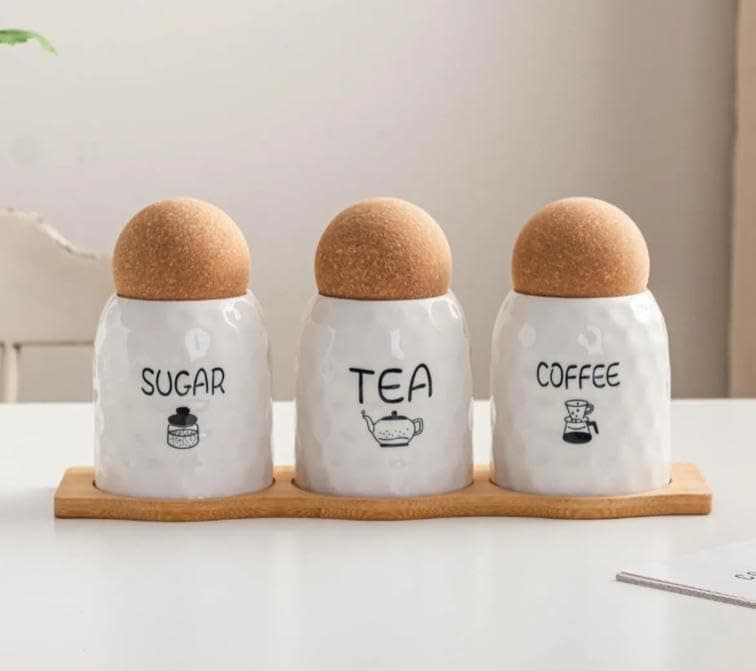 Generic Sugar, Tea and Coffee Canister Set of 3, White, with Cork Ball Lids and Wooden Stand, 450ml, .bs