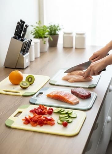 Generic Colour-Coded Chopping Board Set, includes 4 nested boards with distinct colors and icons for fruits, vegetables, fish, and meat, made from high-quality food-safe plastic, space-saving design. Cutting board